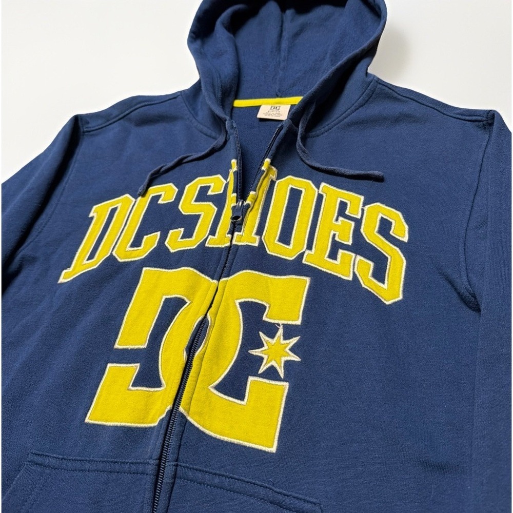 VTG DC Shoes Full Zip Hoodie Mens S Blue Yellow Y2K Skater Grunge Sweatshirt